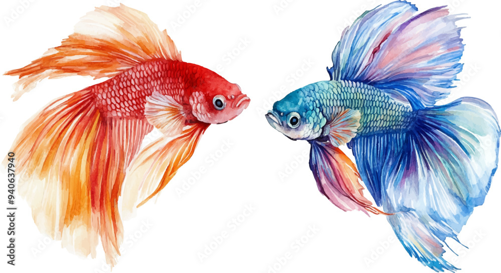 Fototapeta premium Watercolor painting of two colorful male fighting fish on a white background.