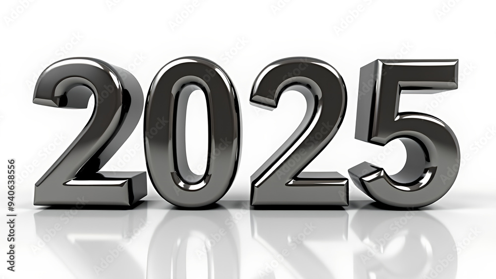 Shiny 2025 numbers in holographic colors standing on a white reflective surface with scattered iridescent shapes Shiny 2025 numbers in holographic colors standing on a white reflective surface with scattered iridescent shapes