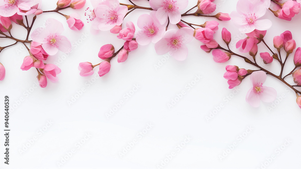 Fototapeta premium Pink flowers on white background with copy space