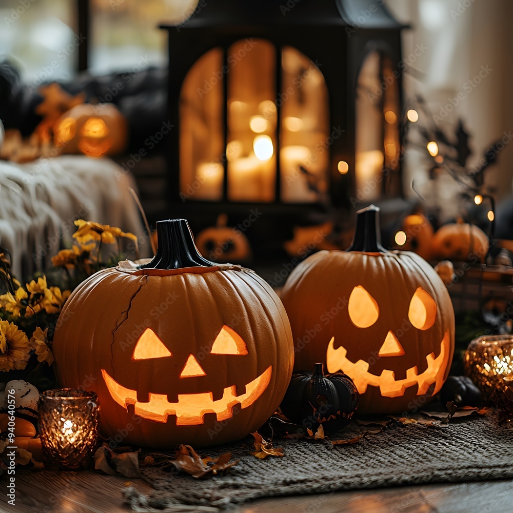 Fototapeta premium Jack O Lantern Pumpkins with Candles and Fall Leaves