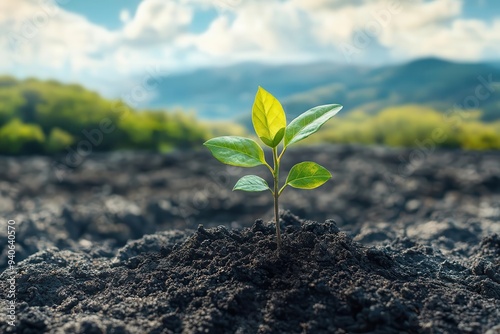 A young plant emerging from rich soil under a bright sky, symbolizing growth, nature, and hope in a serene landscape.