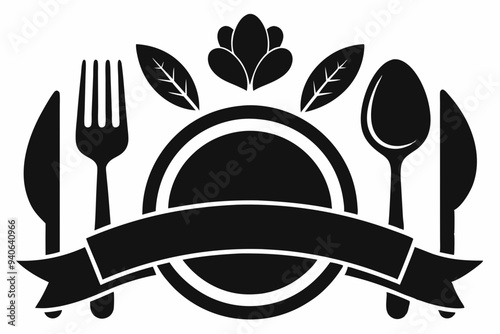 Fork, knife, plate and spoon Black vector silhouette