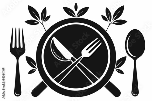 Fork, knife, plate and spoon Black vector silhouette