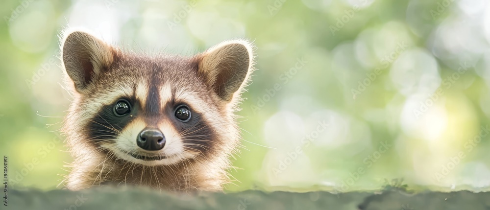 Obraz premium A raccoon's face, in tight focus, gazes directly at the camera Behind, trees blur softly