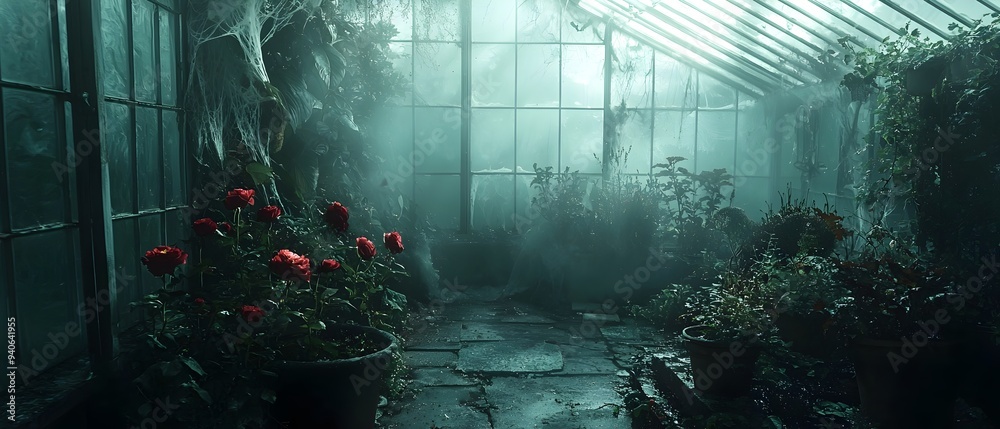 Obraz premium Haunted greenhouse filled with mystical ghostly flowers on Halloween photography concept with copy space for text Moody atmospheric and cinematic scene with a supernatural eerie