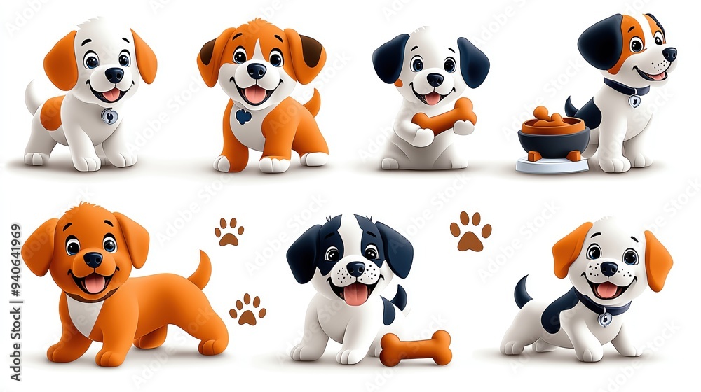 Obraz premium Colorful, playful dog illustrations featuring happy puppies and playful poses in a fun and vibrant design.
