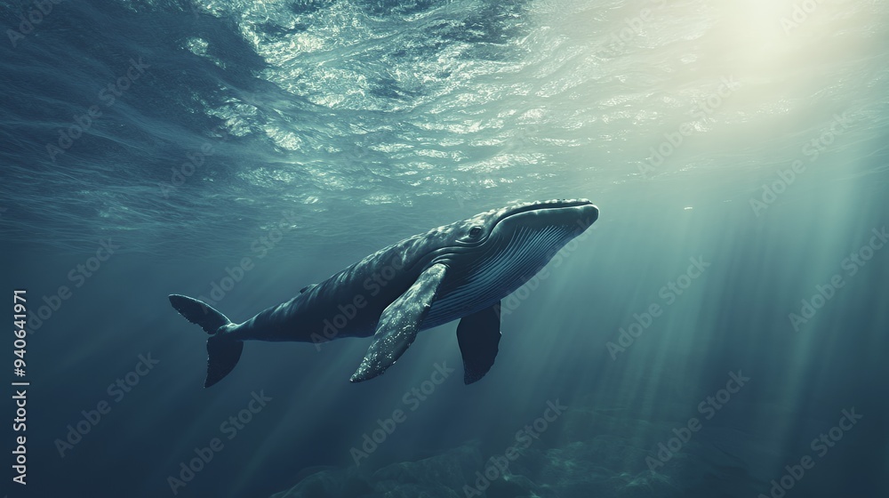 Fototapeta premium A majestic whale swimming gracefully in the deep ocean waters.