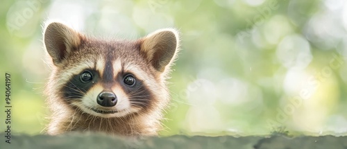  A raccoon's face, in tight focus, gazes directly at the camera Behind, trees blur softly