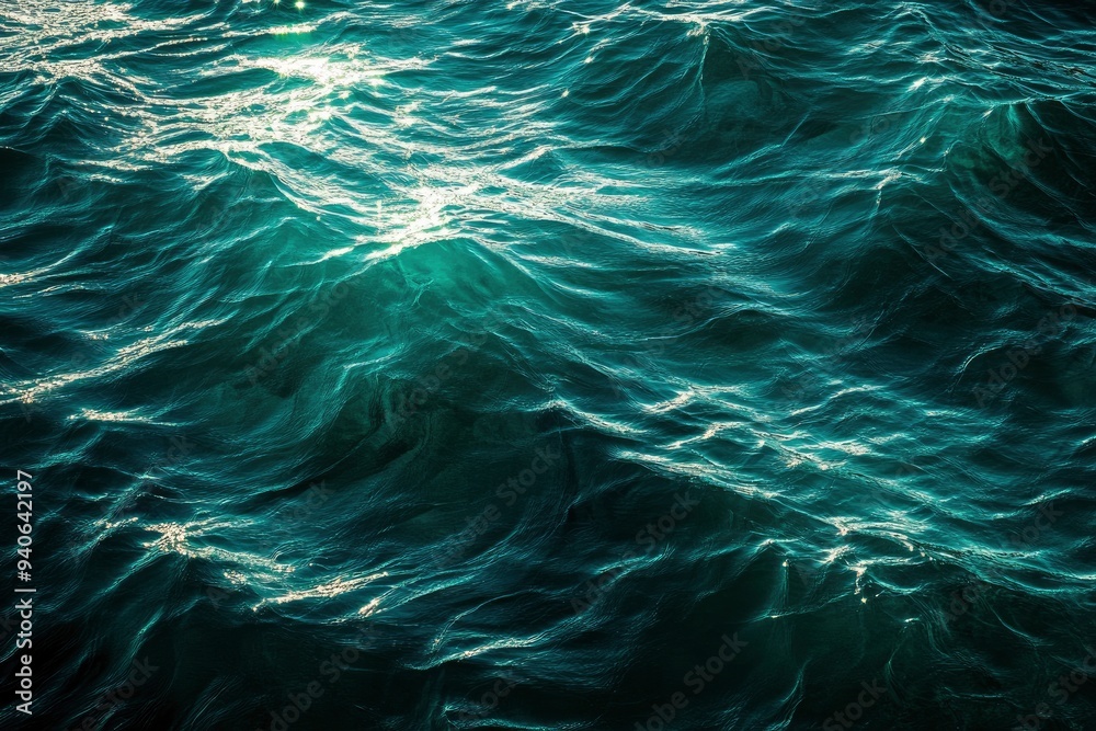 Blue green surface of the ocean in Catalina Island California with gentle ripples on the surface and light refracting , ai