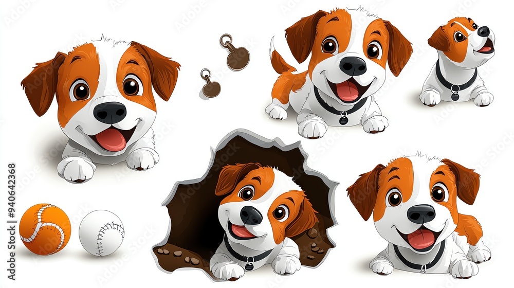 Obraz premium Adorable cartoon dog illustrations featuring playful expressions and fun activities for pet lovers and children.