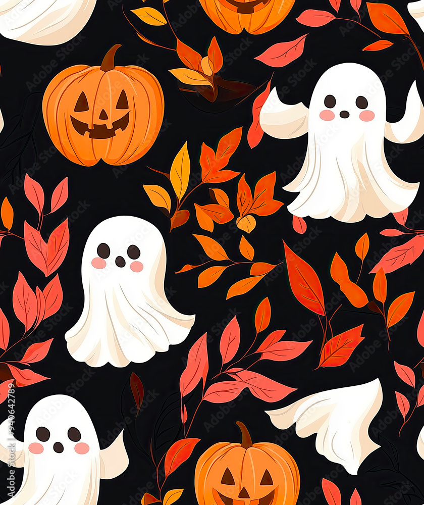 Obraz premium Seamless pattern with ghosts flying over pumpkins and autumn leaves