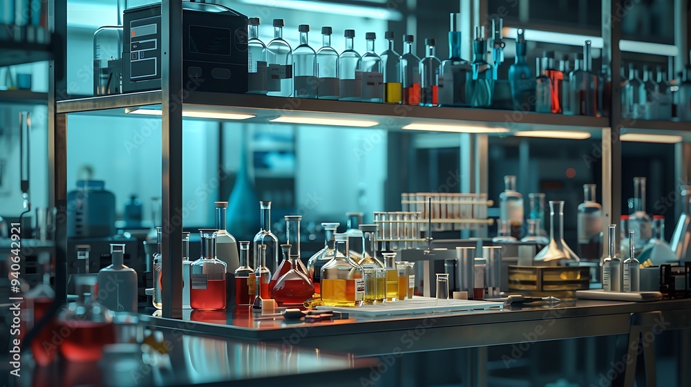 Detailed view of a laboratory environment with various equipment and supplies, illustrating the essence of scientific research and experimentation, photographed in realistic HD quality Detailed view of a laboratory environment with various equipment and supplies, illustrating the essence of scientific research and experimentation, photographed in realistic HD quality