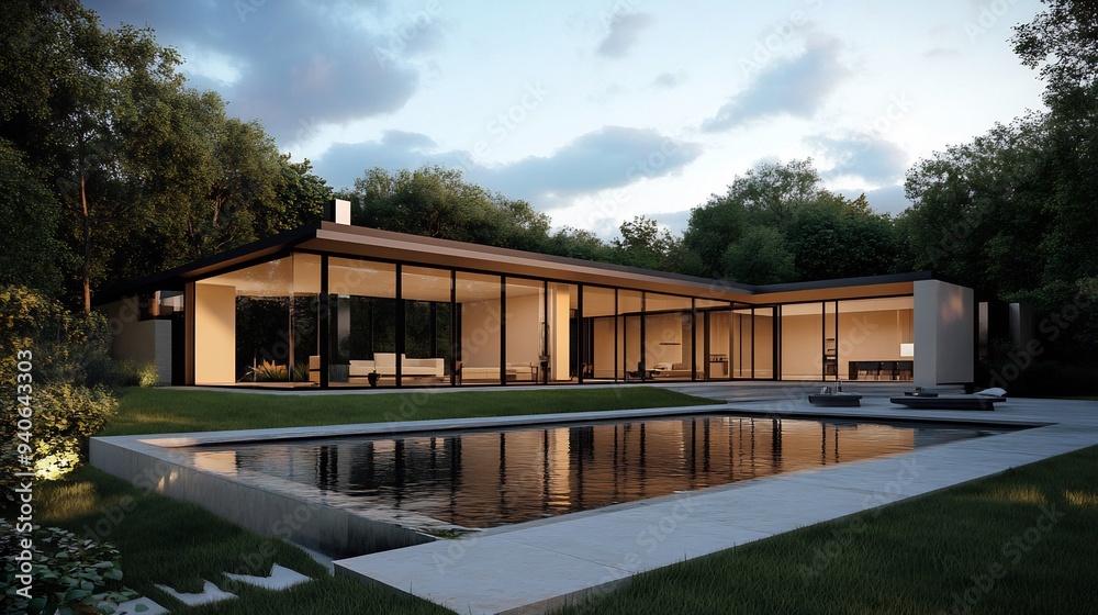 Modern House with Pool and Surrounding Greenery Modern House with Pool and Surrounding Greenery