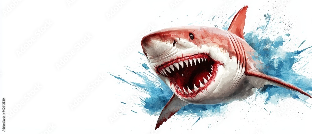 Naklejka premium A tight shot of a shark's open mouth, surrounded by water spraying from its sides