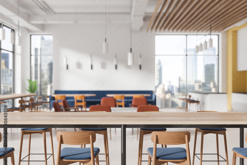Modern coworking space with city view background. 3D Rendering