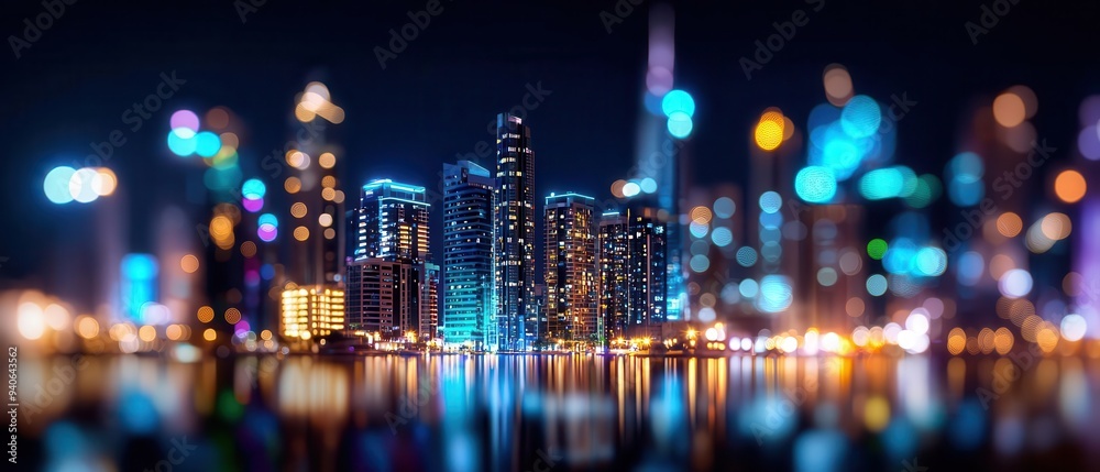 Fototapeta premium A vibrant city skyline illuminated at night, showcasing colorful lights reflecting off the water, creating a striking urban view.
