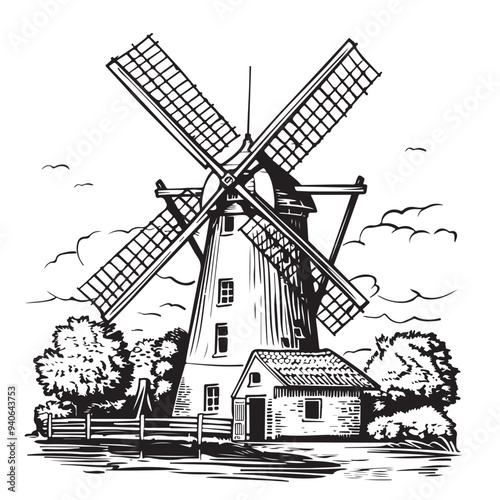 Hand drawn landscape with mill. Vector illustrration