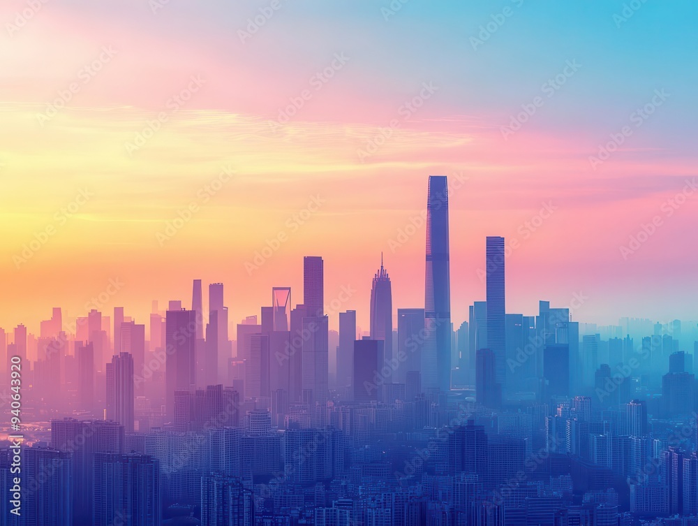 Fototapeta premium Stunning city skyline at sunset with vibrant colors and silhouette effect, perfect for urban landscape and travel themes.