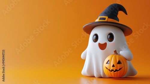 Cute Ghost in Witch Hat with Halloween Pumpkin