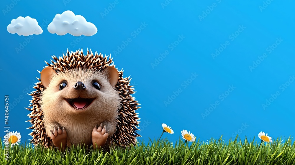 A cute hedgehog smiles in a bright blue sky, surrounded by green grass and cheerful daisies, evoking joy and nature's beauty. A cute hedgehog smiles in a bright blue sky, surrounded by green grass and cheerful daisies, evoking joy and nature's beauty.