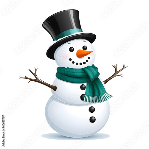 Charming illustration of a snowman wearing a hat and scarf, isolated on a transparent or white background.