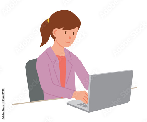 Woman in business attire working in front of notebook computer