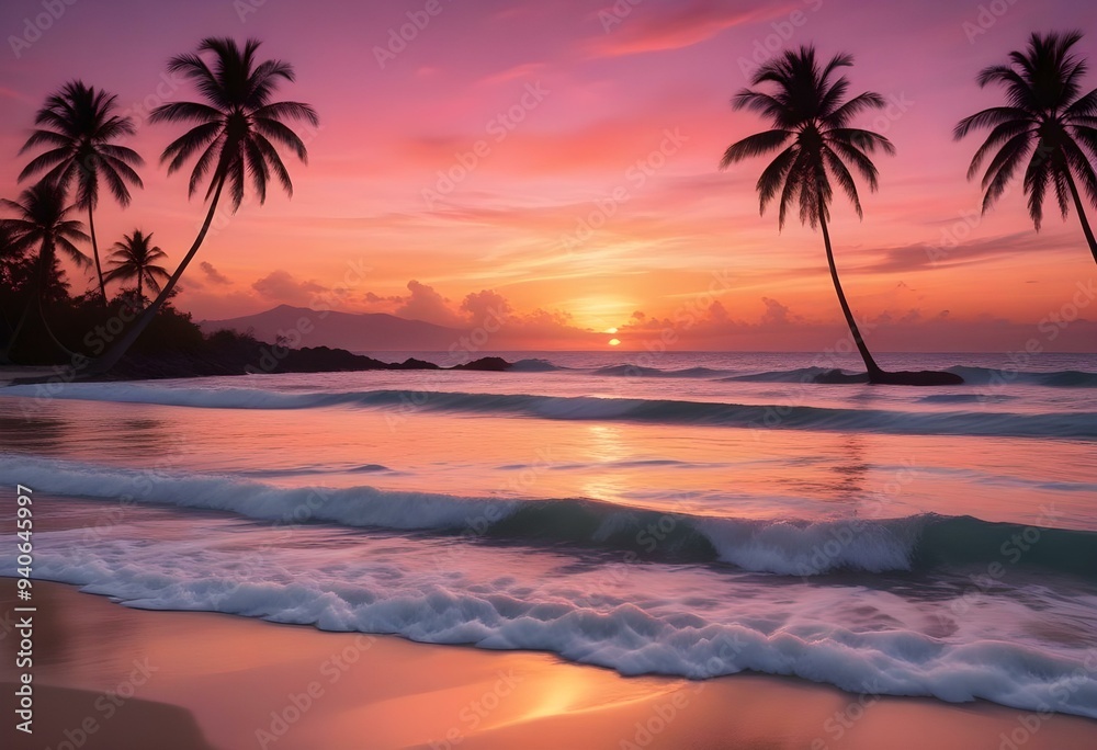 a tropical beach background at sunset with vibrant orange and pink hues in the sky, silhouettes of palm trees swaying gently in the foreground, soft waves lapping at the shore, and distant islands vis a tropical beach background at sunset with vibrant orange and pink hues in the sky, silhouettes of palm trees swaying gently in the foreground, soft waves lapping at the shore, and distant islands vis