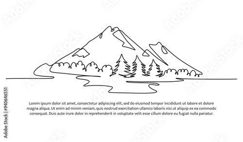 Continuous line design of mountains covered in snow. Single line decorative element drawn on white background.