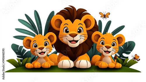A cheerful lion with two playful cubs surrounded by lush greenery, perfect for children's themes and wildlife illustrations.