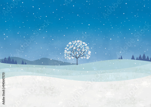 夜の雪の風景と白い木