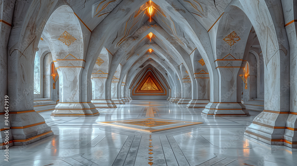 Fototapeta premium Majestic Marble Hallway with Intricate Archways and Lighting..