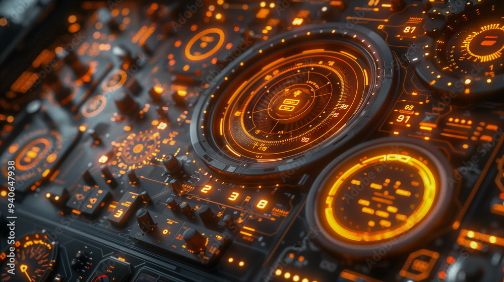 custom made wallpaper toronto digitalFuturistic Control Panel with Glowing Orange Interfaces..