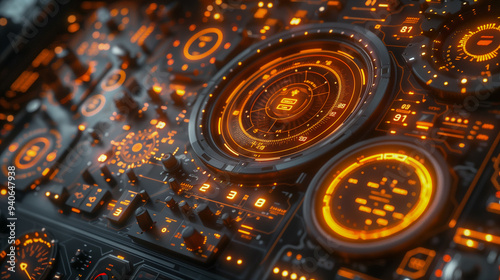 Wallpaper Mural Futuristic Control Panel with Glowing Orange Interfaces.. Torontodigital.ca