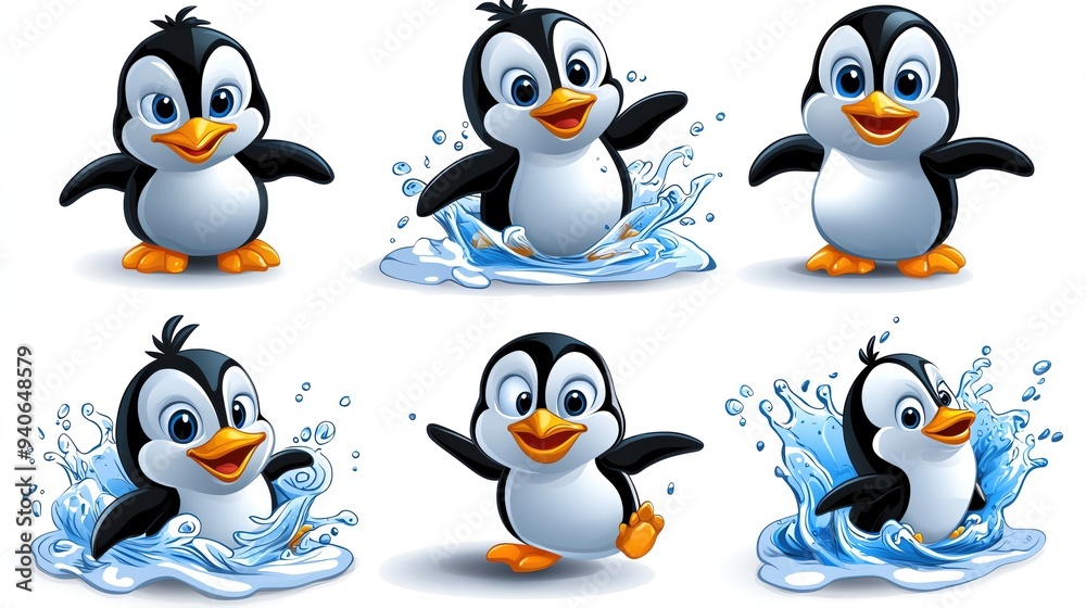 Obraz premium A playful collection of cartoon penguins engaging in fun water activities, showcasing their cheerful nature and lively antics.