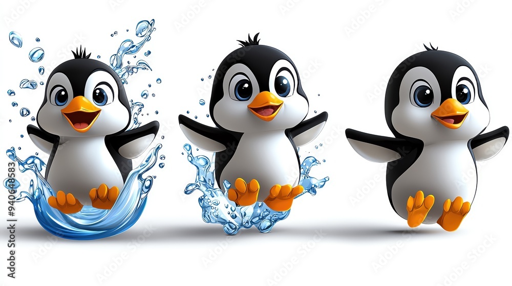 Playful cartoon penguins splashing in water, embodying joy and fun. Perfect for children's themes and winter activities. Playful cartoon penguins splashing in water, embodying joy and fun. Perfect for children's themes and winter activities.