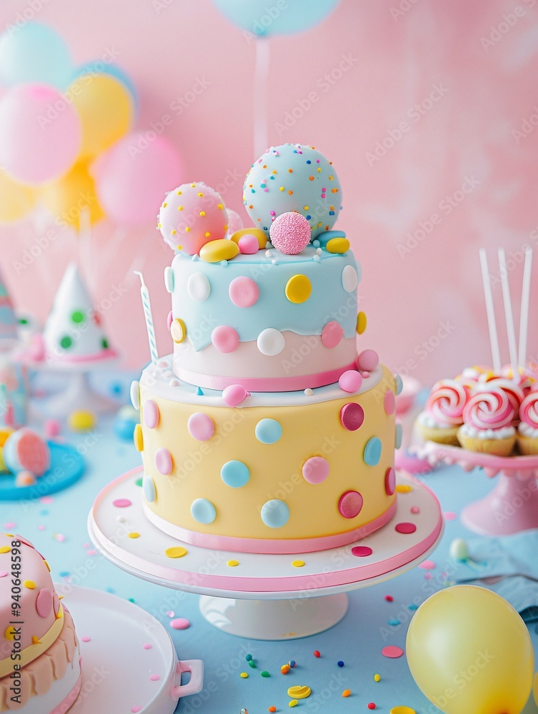 5. Vibrant three-tiered birthday cake, pastel pink yellow and blue layers, polka dot pattern, candy decorations, small balloons on top, white cake stand, light blue table, pink background, 5. Vibrant three-tiered birthday cake, pastel pink yellow and blue layers, polka dot pattern, candy decorations, small balloons on top, white cake stand, light blue table, pink background,