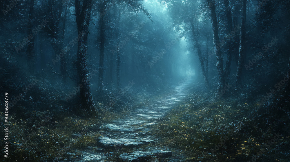 Fototapeta premium A pathway through a dark foggy forest, creating an eerie and mysterious atmosphere. Suitable for outdoor and adventure-related content