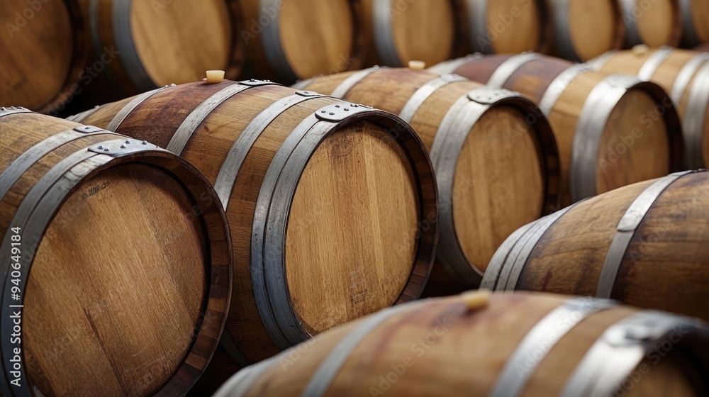Wooden barrels stacked tightly in a rustic winery, showcasing craftsmanship and aged materials in late afternoon light