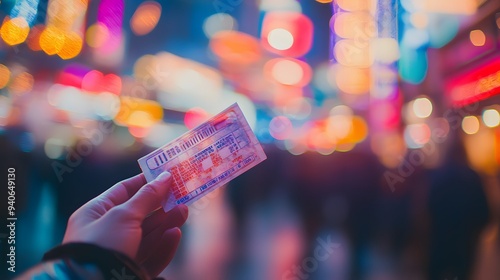 A close-up of a hand holding a lottery ticket, with a soft spotlight focused on the ticket, background blurred into a colorful mix of lights from a bustling cityscape, vibrant and anticipatory mood, photo