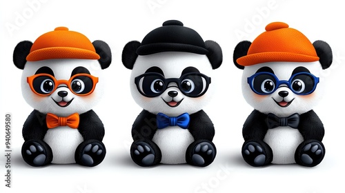 Three adorable panda figurines wearing glasses and hats, showcasing various colors and styles, perfect for fun and playful themes. photo