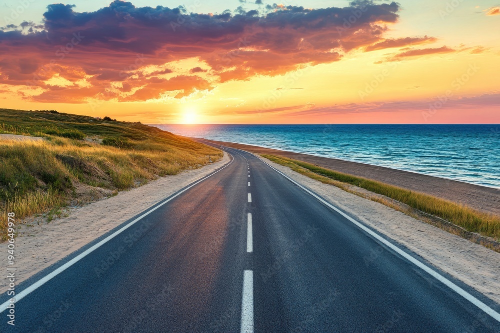 Naklejka premium road landscape on summer in sunset. highway landscape at colorful sunset. Road view on the beach in summertime. colorful seascape with beautiful road scenery. Highway view on beach for vacation , ai