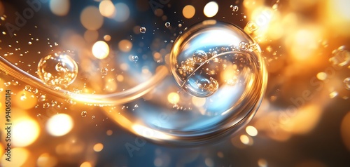 Abstract swirling blue and gold shapes with a bokeh background.