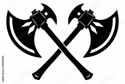 Two axe graphic icon. Symbol working tools lumberjack. Crossed axes sign isolated on white background. Vector illustration