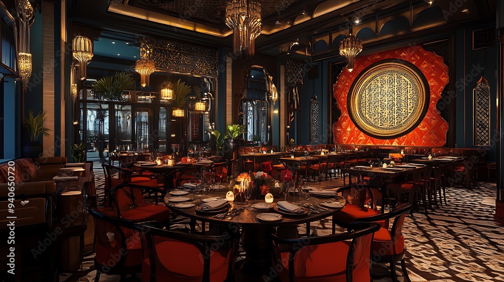 Naklejka premium Eclectic Banquet Hall Interior Design with Mixed Styles and Patterns