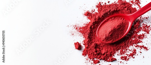  A red spoonful of powder adjacent to a mound of red powder on a pristine white tablecloth, with a single red spoon protruding from the pile