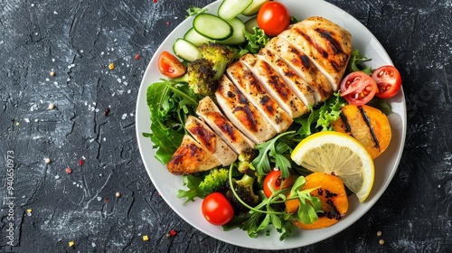 Sliced grilled chicken fillet accompanied by fresh vegetables, including cucumbers, tomatoes, and greens, garnished with lemon