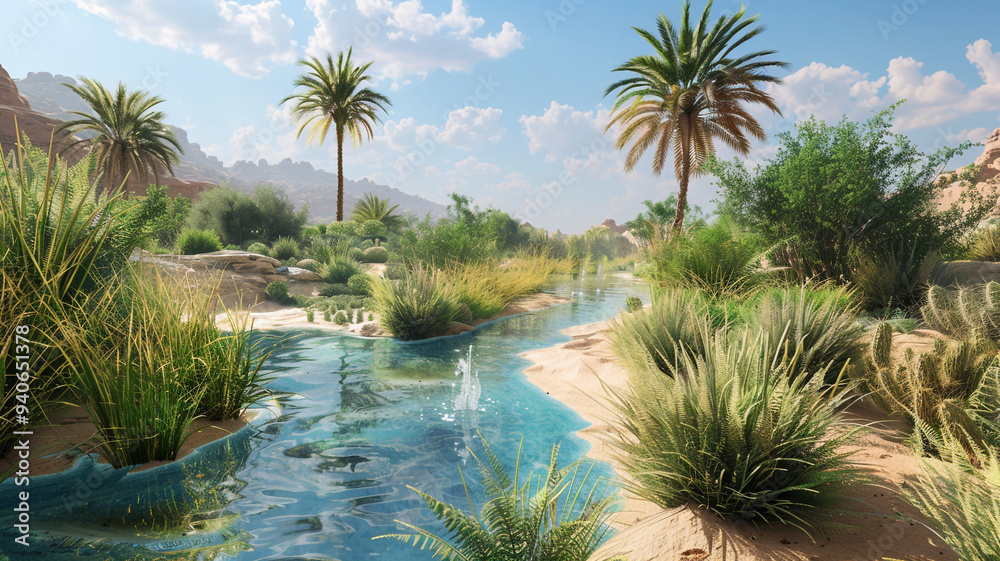 a tranquil desert oasis with lush vegetation and a sparkling water source a tranquil desert oasis with lush vegetation and a sparkling water source