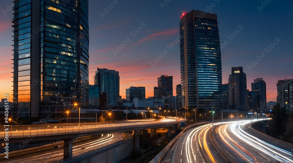 Cityscape with Illuminated Skyscrapers and Traffic Trails at Sunset Cityscape with Illuminated Skyscrapers and Traffic Trails at Sunset