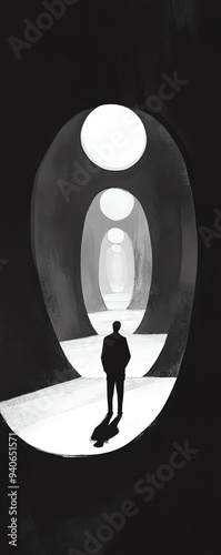 Silhouette of a man standing in a tunnel with circular lights.
