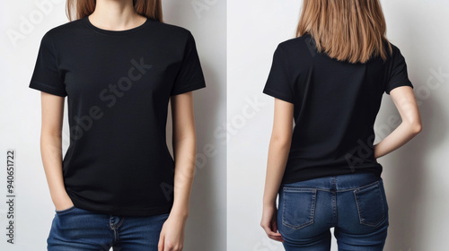 A collage featuring close-up photos of a woman wearing a dark grey t-shirt, presented on a white background. The collage includes both front and back views, highlighting the fit and design of the t-sh